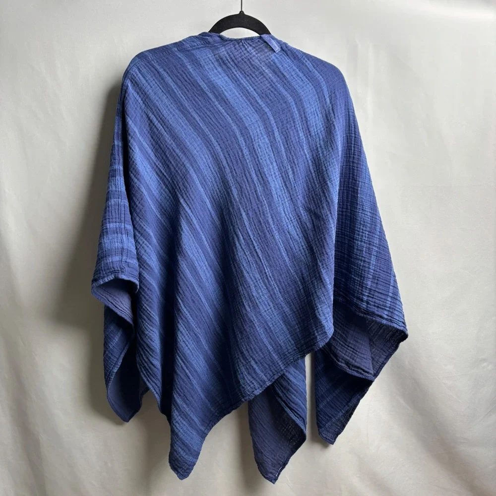 LL Bean Blue Striped Double Gauze Open Front Wrap Poncho Shawl Reversible OS